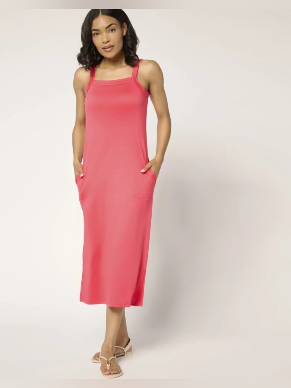 Muk Luks Coral Pink Sleeveless Midi Tank Dress with Pockets